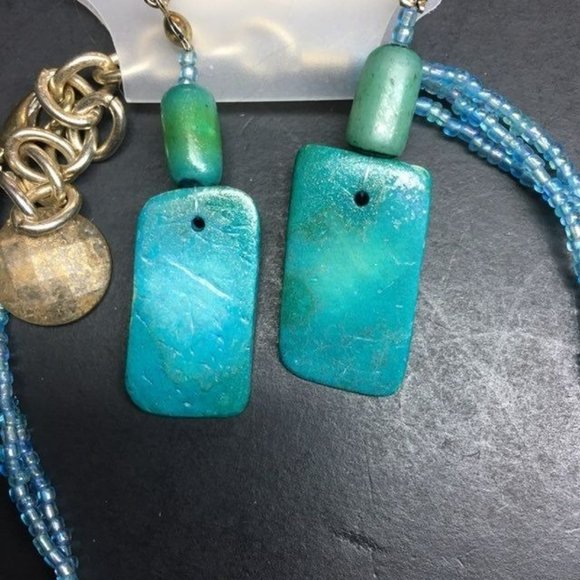 Turquoise Statement Necklace Earrings Silver Green Dangle Pierced Retro BoHo - Picture 3 of 7